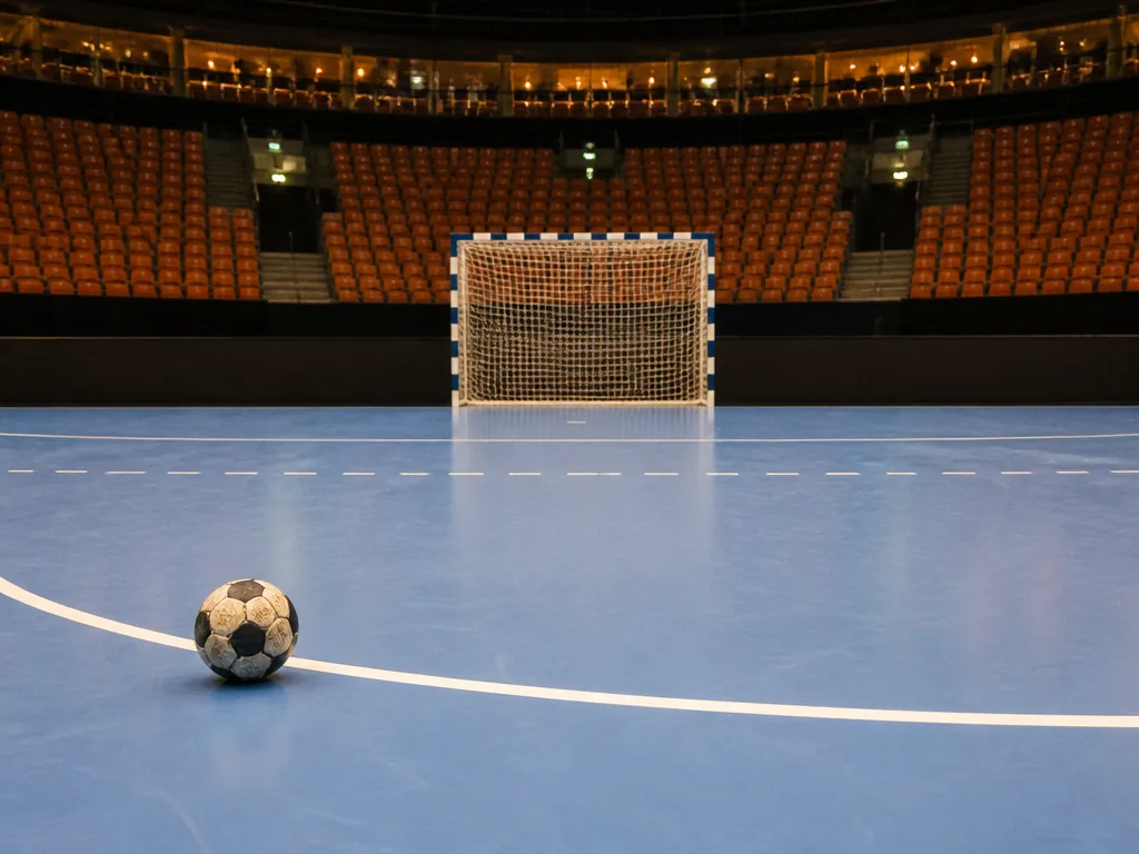 Tom handbollsplan med målbur och linjemarkeringar i en inomhushall