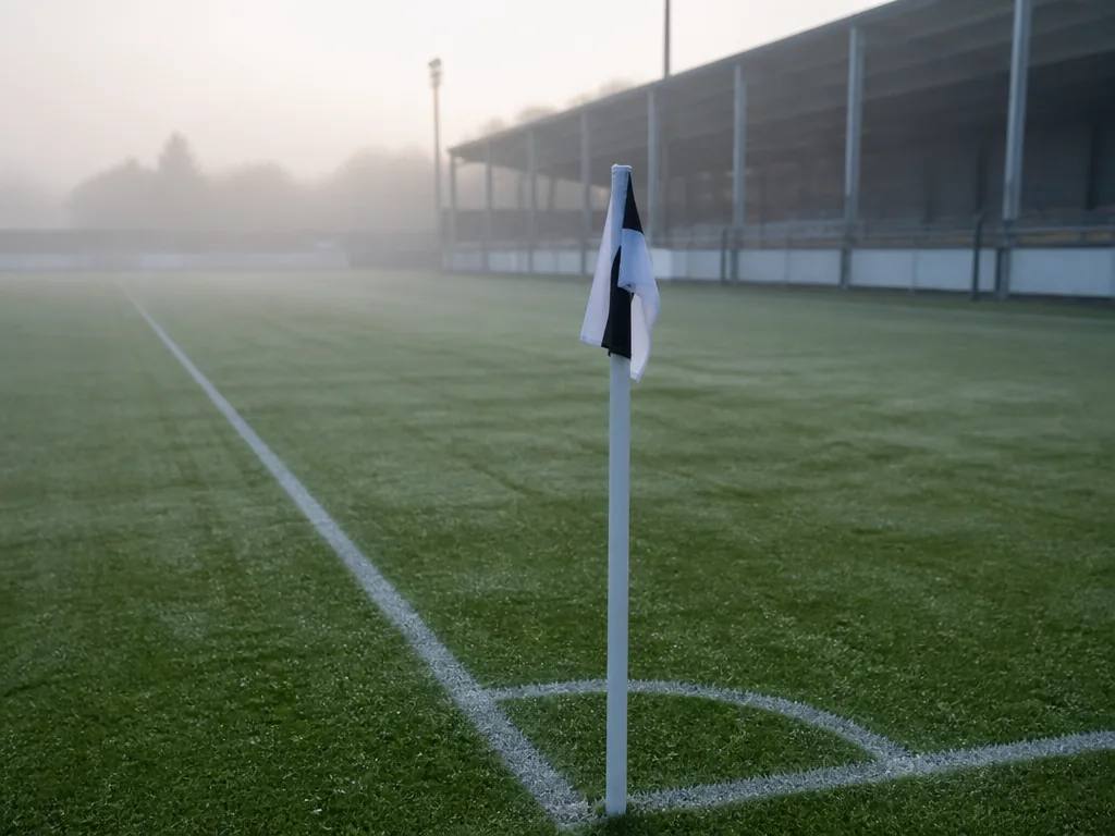 Hörnflagga och sidlinje på en fotbollsplan i morgondimma