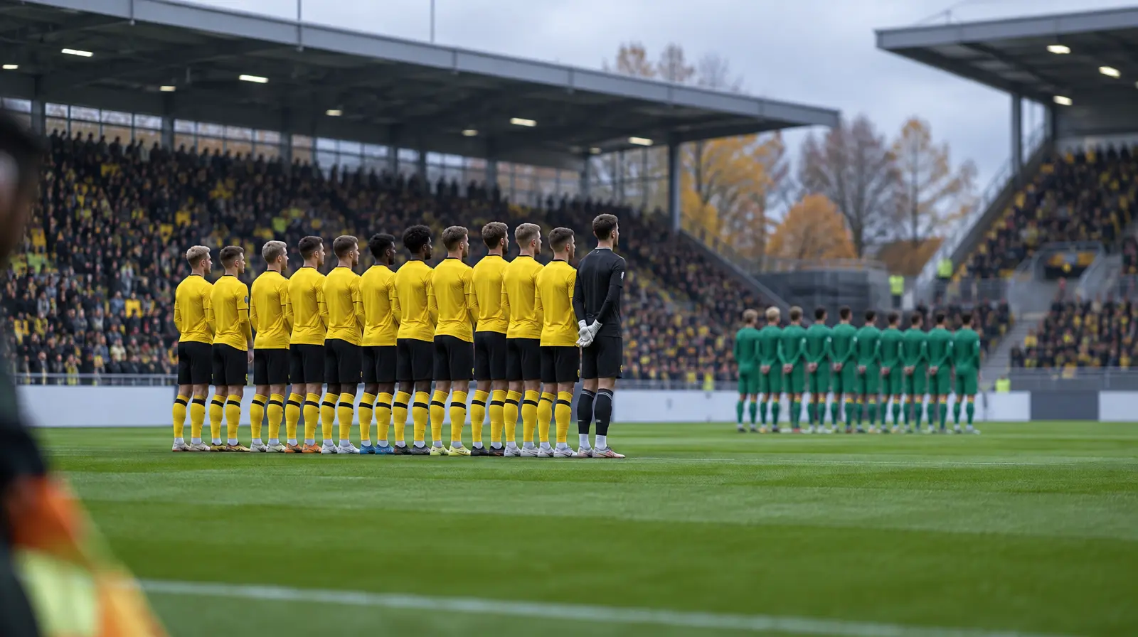 Spelare står uppställda inför avspark i höstligt dagsljus på en tysk toppligaarena