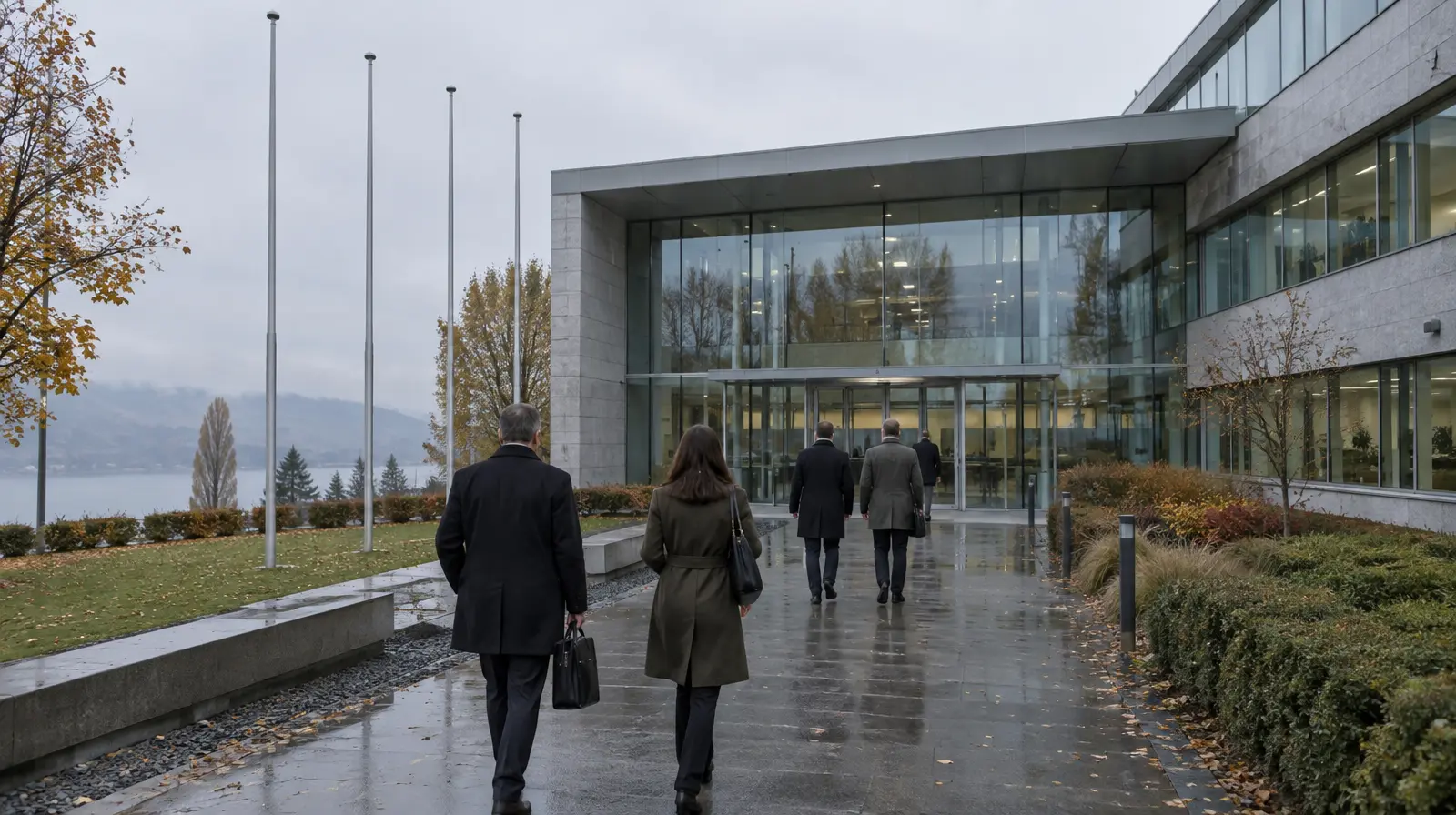 Personer går in vid en fotbollsförbundsbyggnad en grå höstmorgon